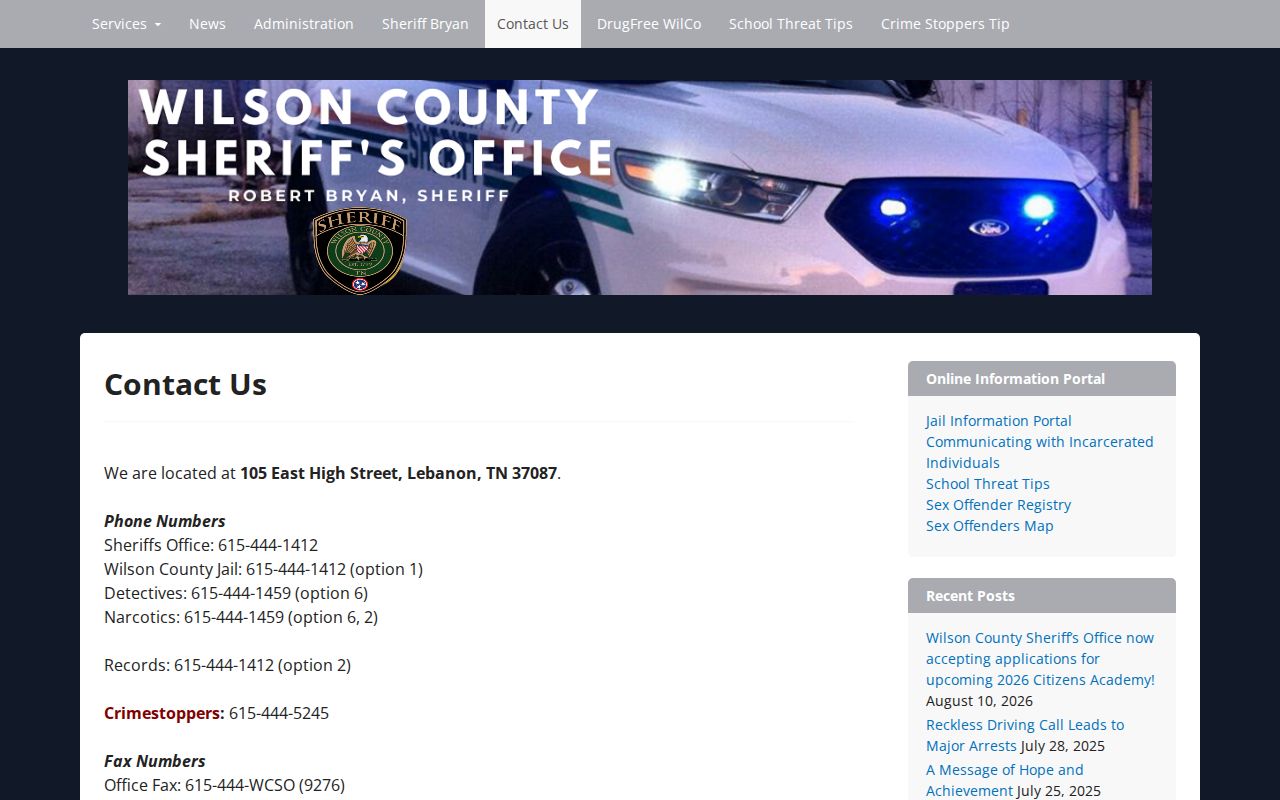 Wilson County arrest records contact page